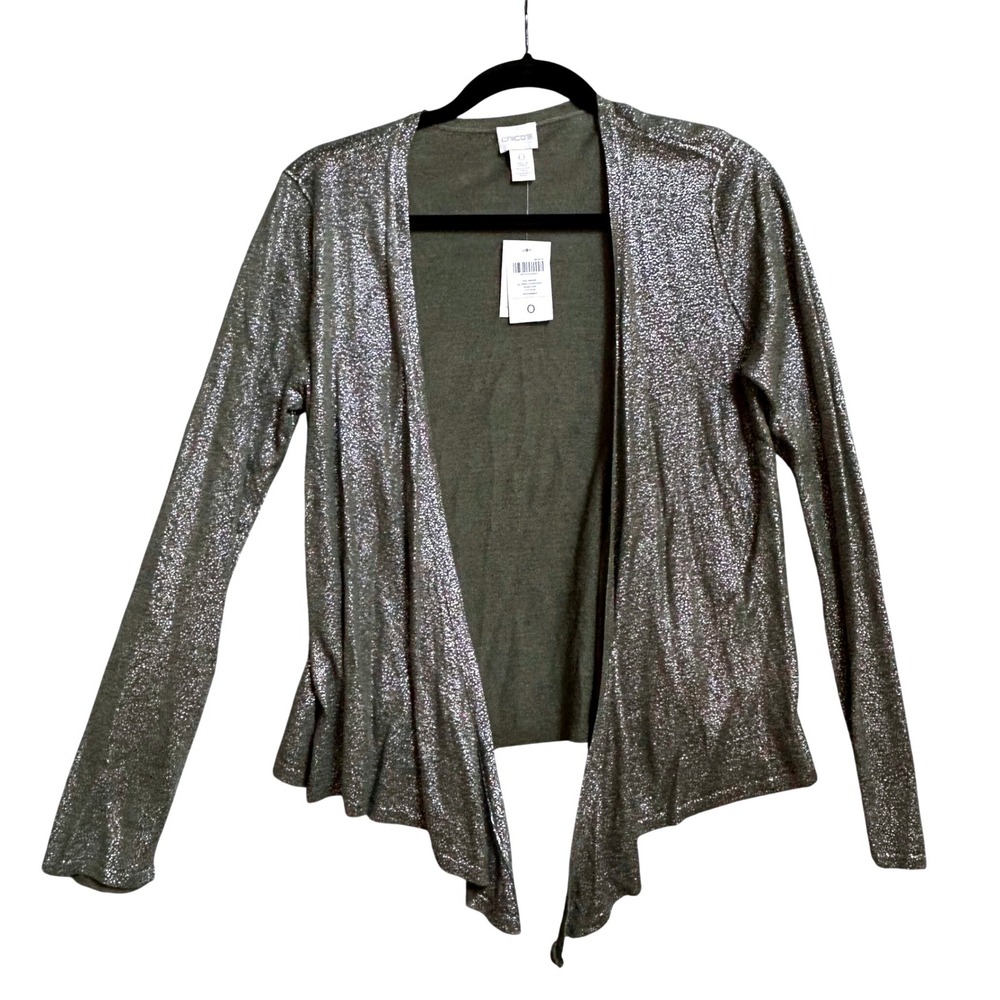 Chicos Alyssa Cardigan Sweater Fatigue Green Silver Foil Drape Open Front Size 0